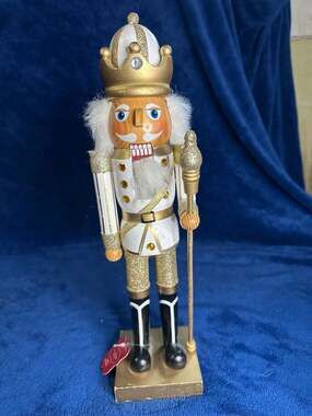 St. Nicholas Square Gold and White Glitter Wooden Nutcracker with Scepter